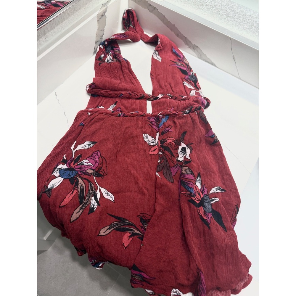 Illa Illa Burgundy Floral Halter Mini Dress Braided Waist Boho Wine Red